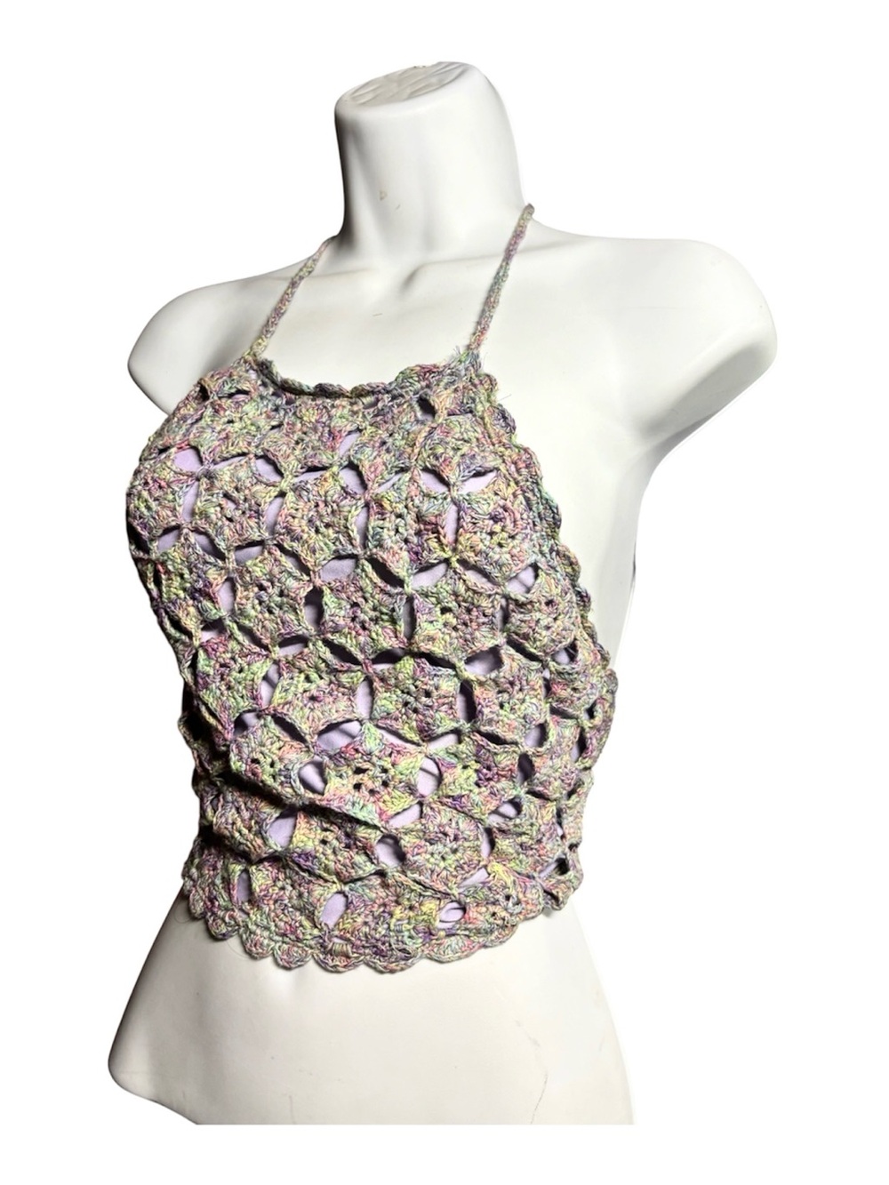 Vintage Y2K Handmade Crochet Halter Top Pastel Floral Motif Size Medium